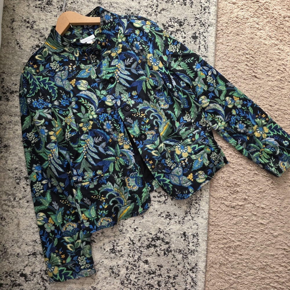Charter Club High Collar Cotton Blend Floral Jacket Womens L Cotton Blend Preppy